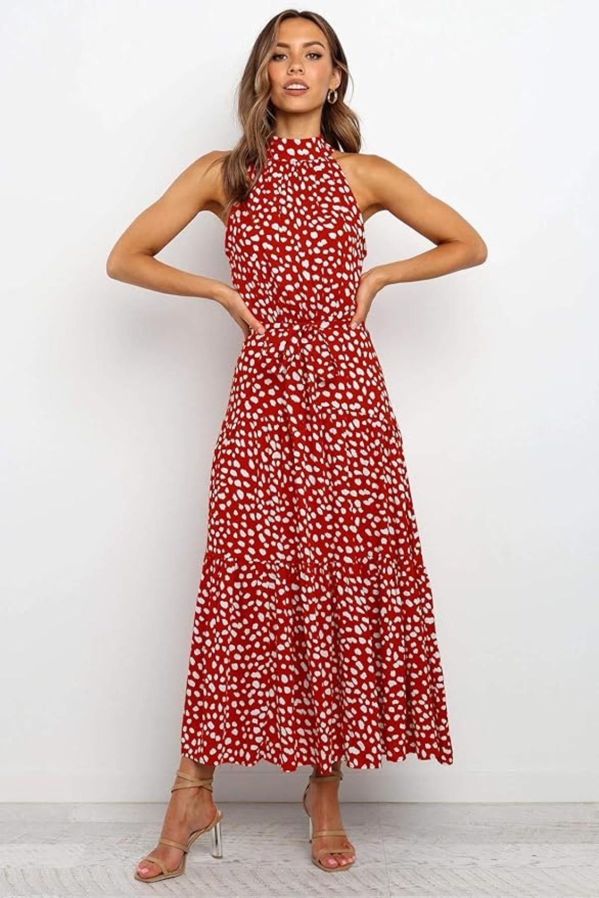 Black white polka dot halter midi dress with adjustable waist tie fit-and-flare silhouette
