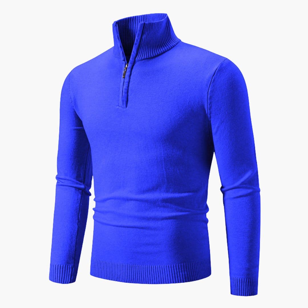 Navy blue men's zip collar polo sweater ribbed cuffs polished knit smart casual everyday wear