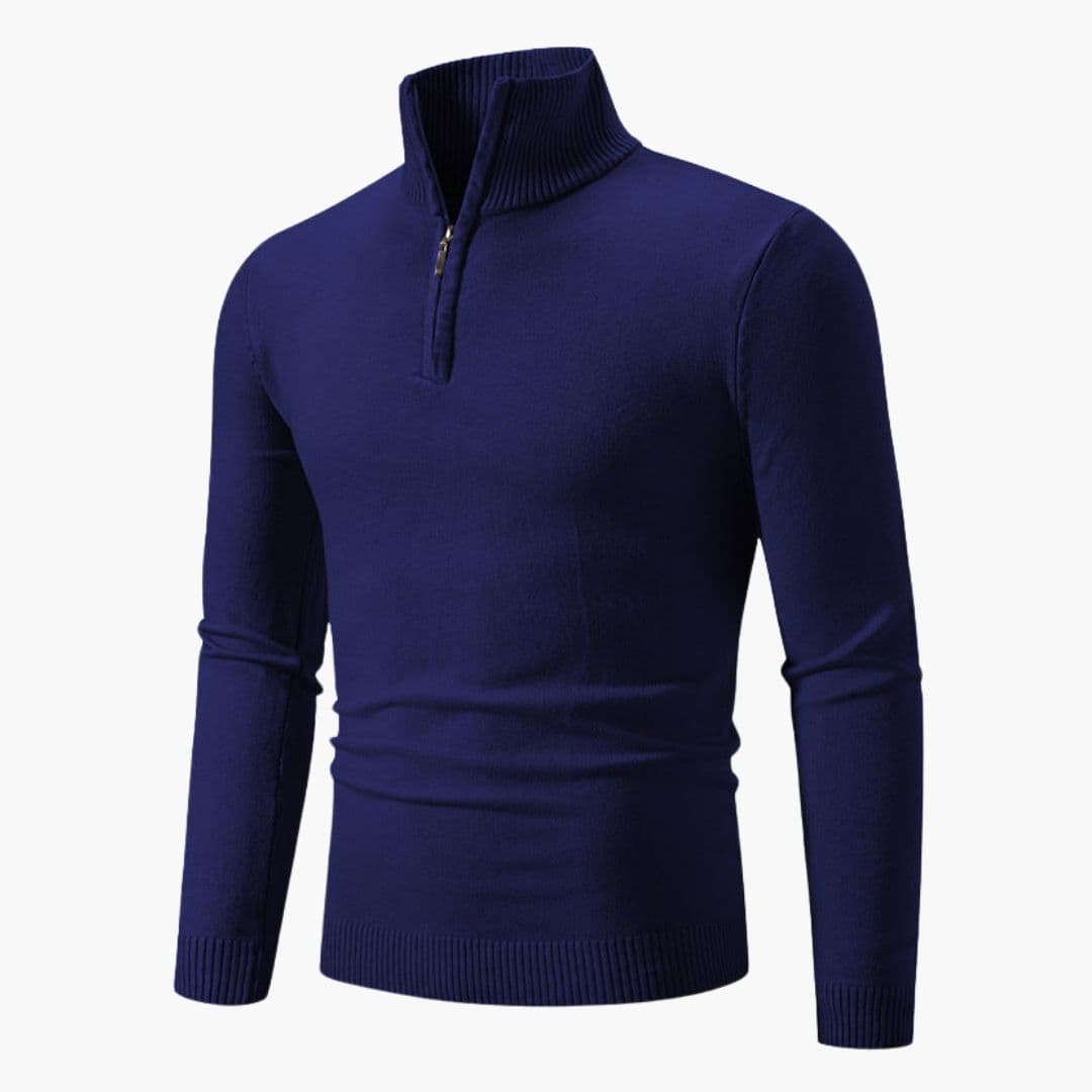 Navy blue men's zip collar polo sweater ribbed cuffs polished knit smart casual everyday wear