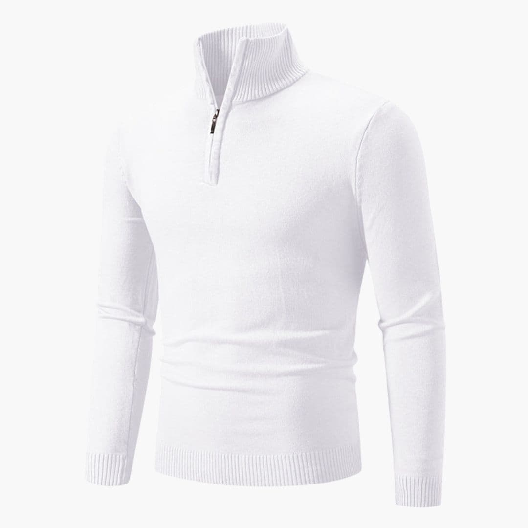 Navy blue men's zip collar polo sweater ribbed cuffs polished knit smart casual everyday wear
