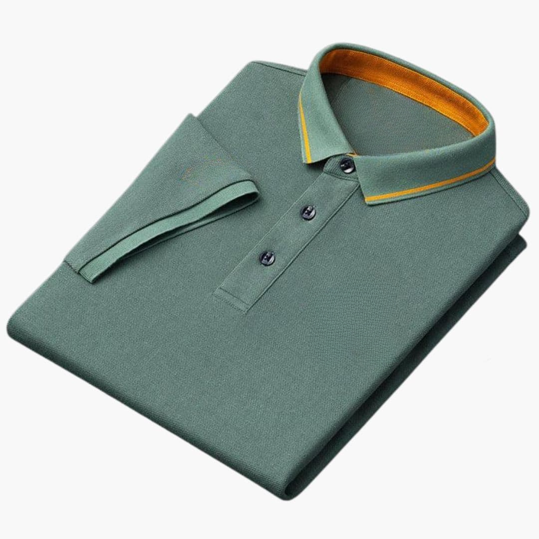 Men's short sleeve solid knit polo with chest embroidery, ribbed collar, and three-button placket
