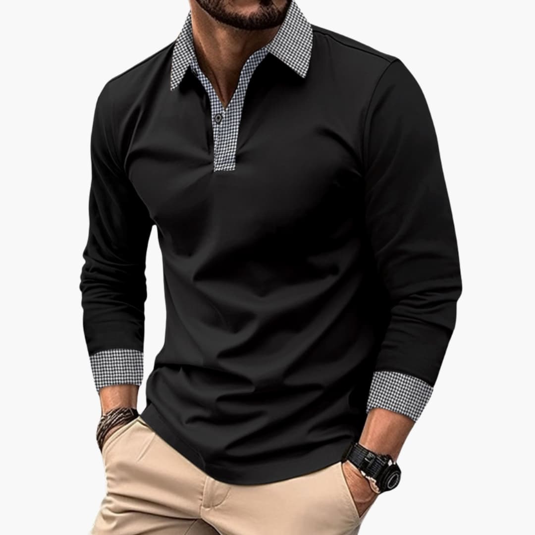 Men's long sleeve polo shirt with contrasting collar and cuffs, structured smart casual fit