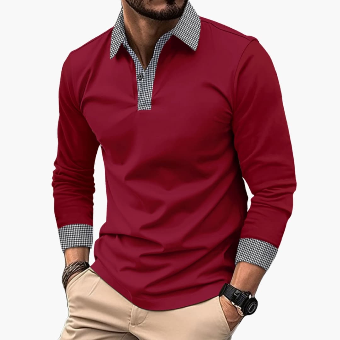 Men's long sleeve polo shirt with contrasting collar and cuffs, structured smart casual fit