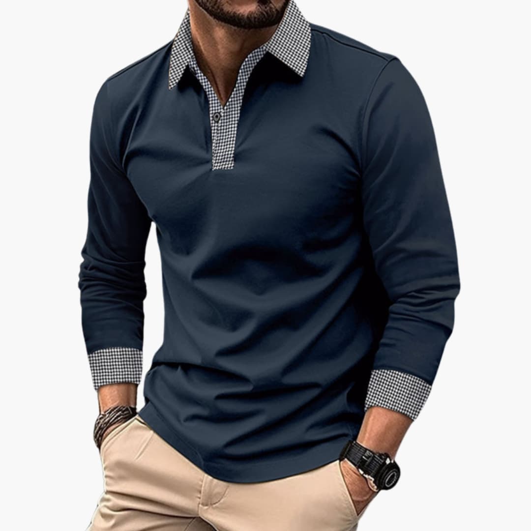 Men's long sleeve polo shirt with contrasting collar and cuffs, structured smart casual fit