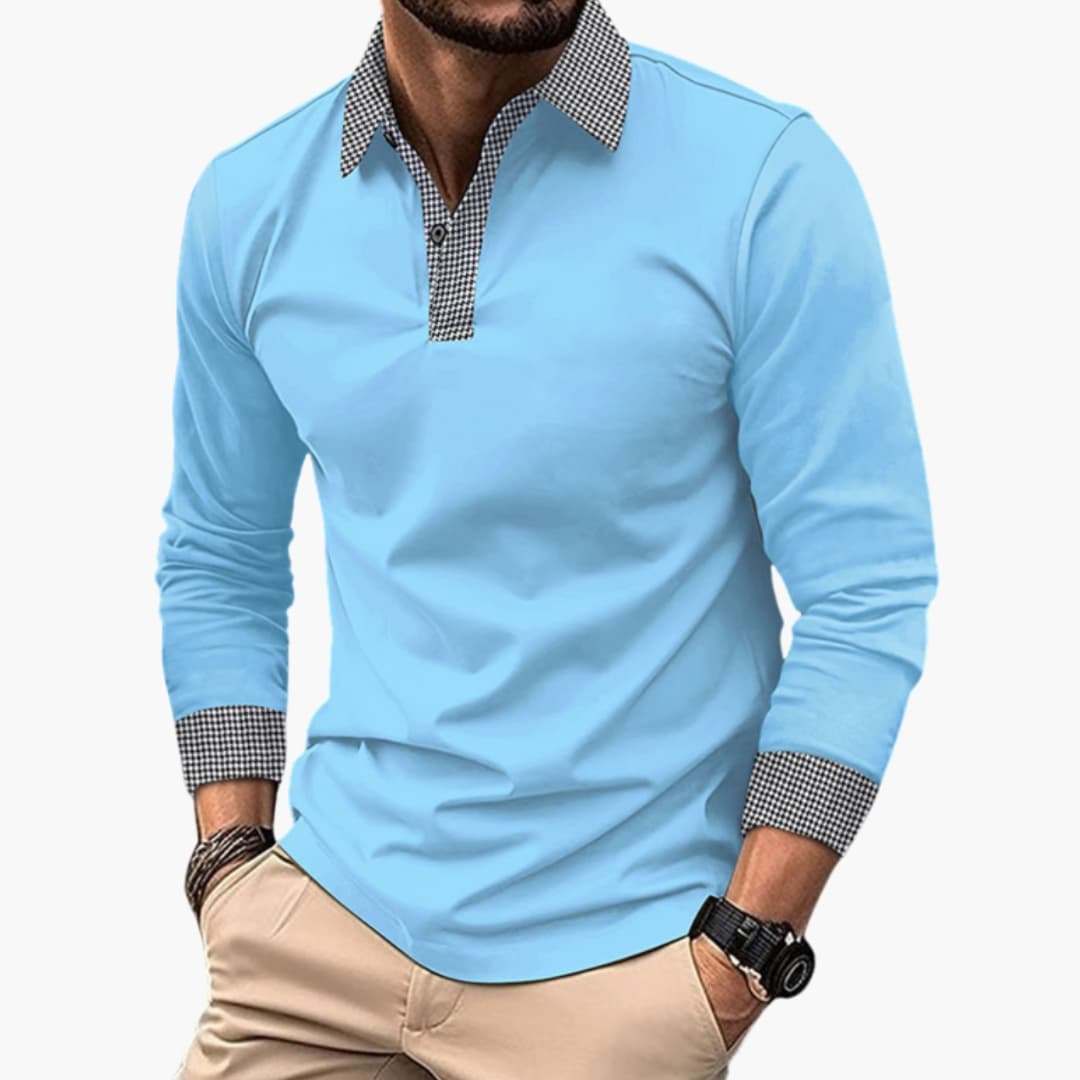 Men's long sleeve polo shirt with contrasting collar and cuffs, structured smart casual fit
