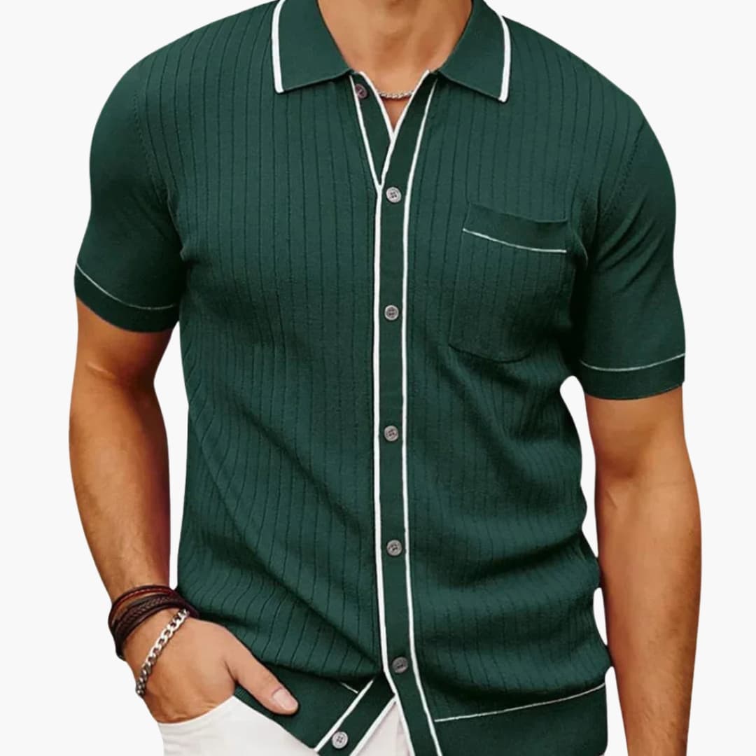 Men's ribbed polo shirt pointed collar straight cut smart casual navy blue everyday fit