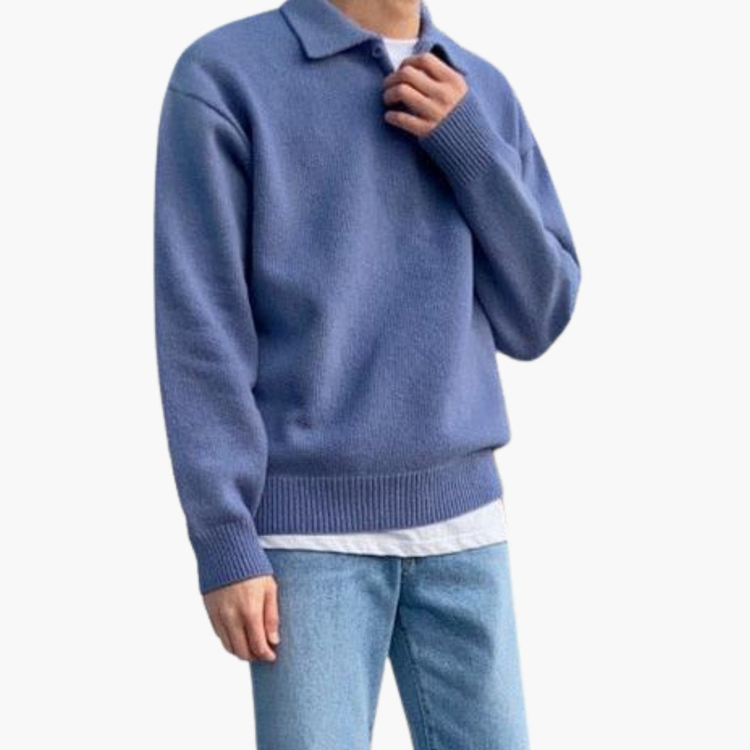 Men's knit polo buttoned collar long sleeves ribbed cuffs natural fiber smart casual fit