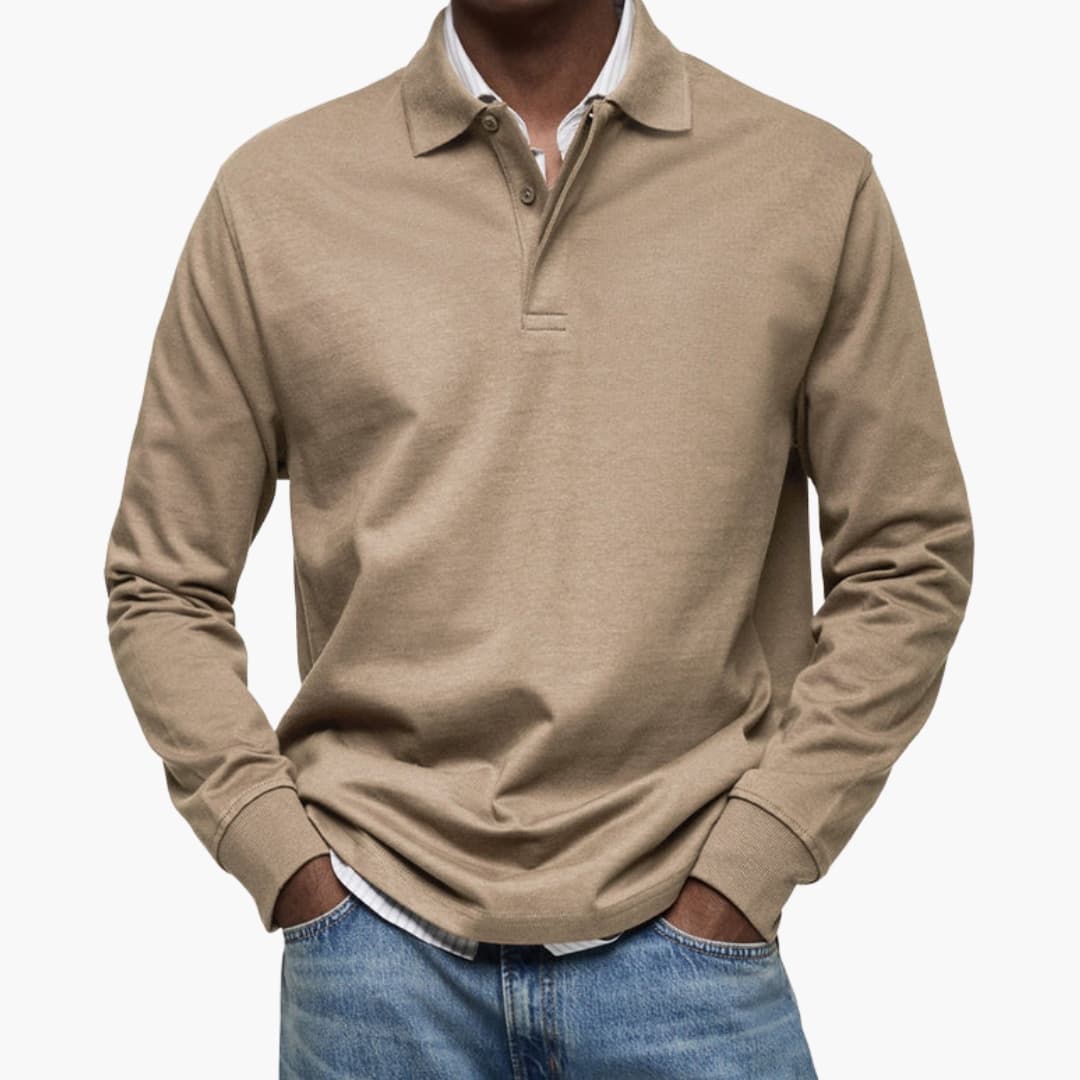 Men's long sleeve polo shirt with buttoned collar, ribbed cuffs, versatile smart-casual style
