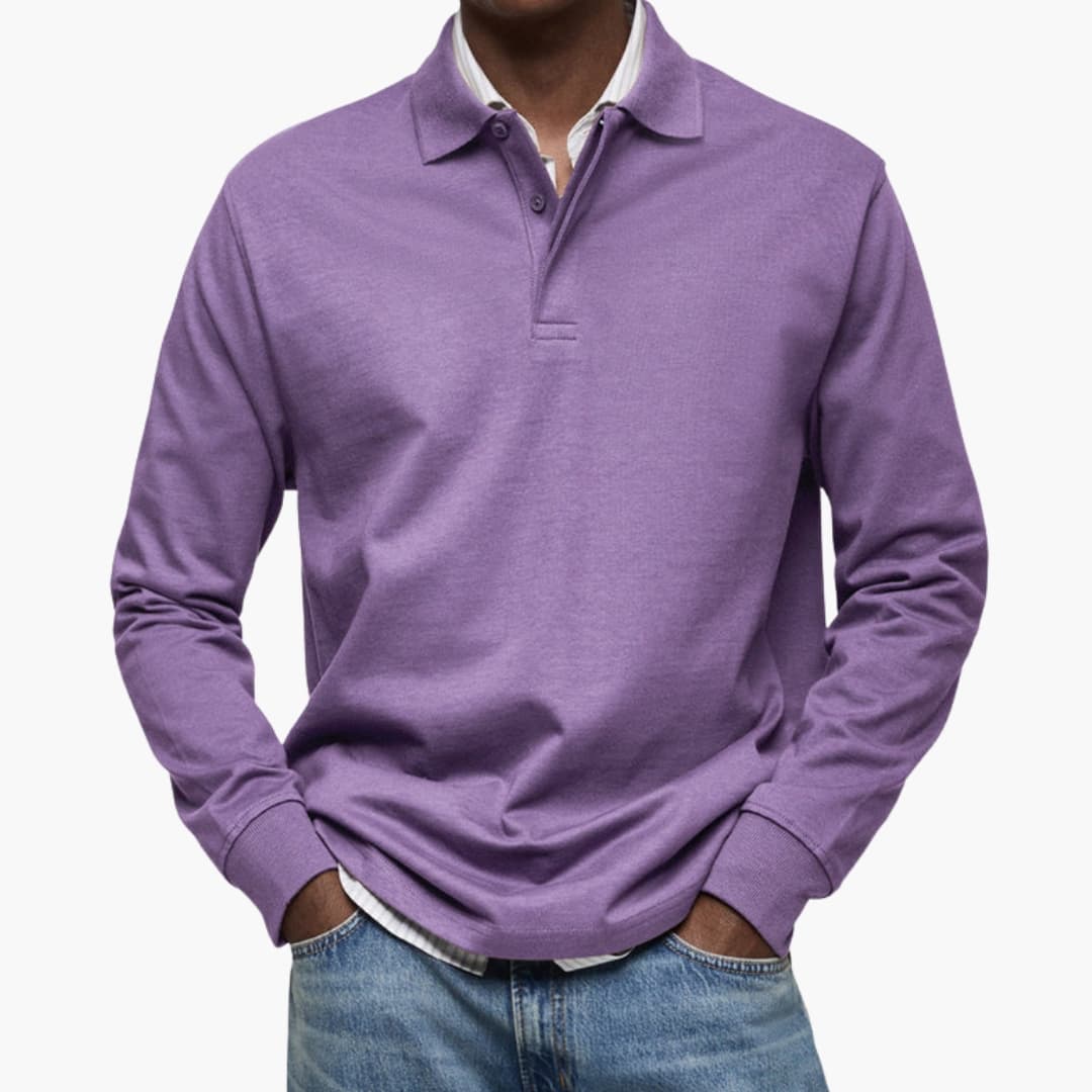 Men's long sleeve polo shirt with buttoned collar, ribbed cuffs, versatile smart-casual style
