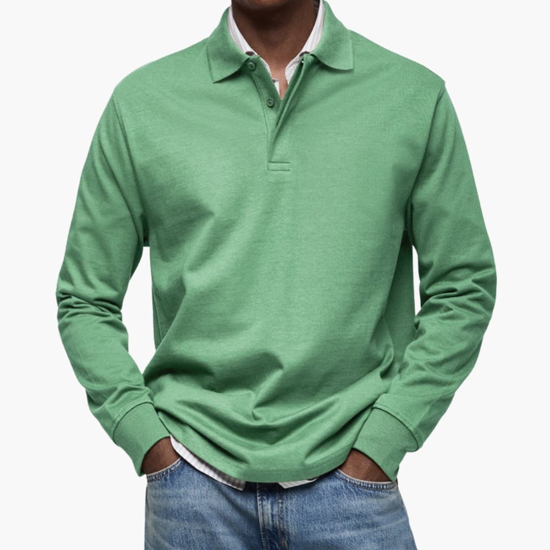 Men's long sleeve polo shirt with buttoned collar, ribbed cuffs, versatile everyday style