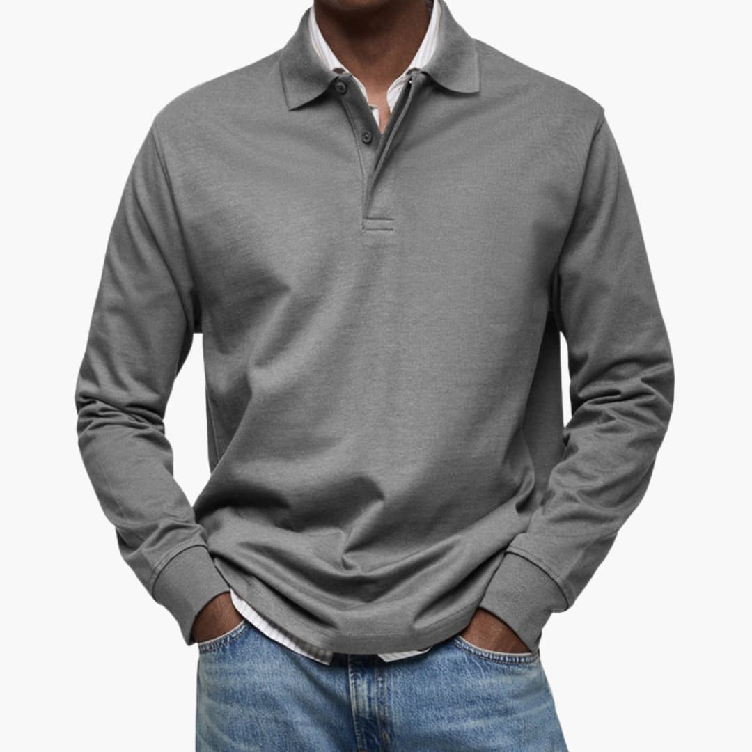 Men's long sleeve polo shirt with buttoned collar, ribbed cuffs, versatile everyday smart-casual style