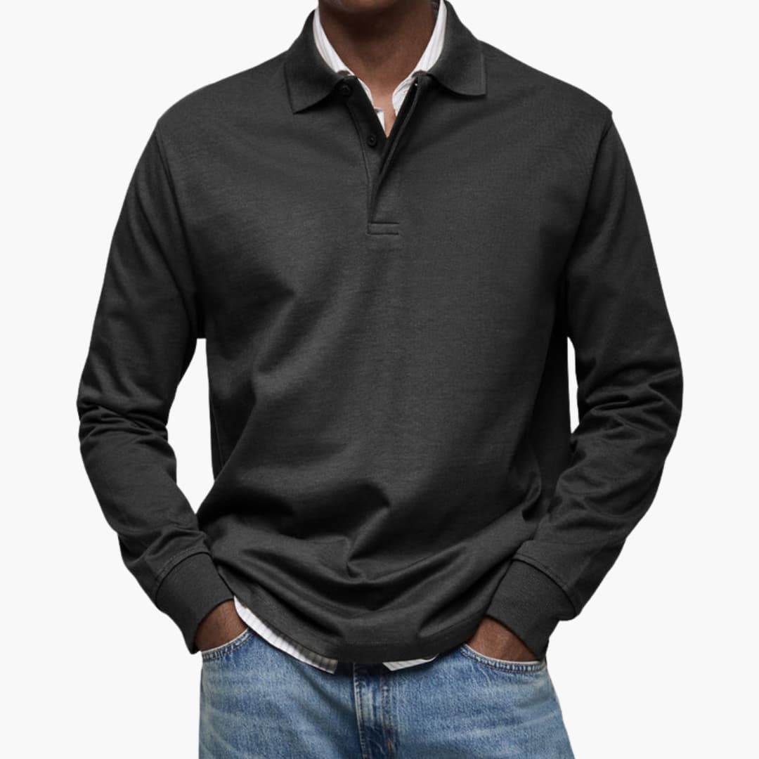 Men's long sleeve polo shirt with buttoned collar, ribbed cuffs, versatile everyday style