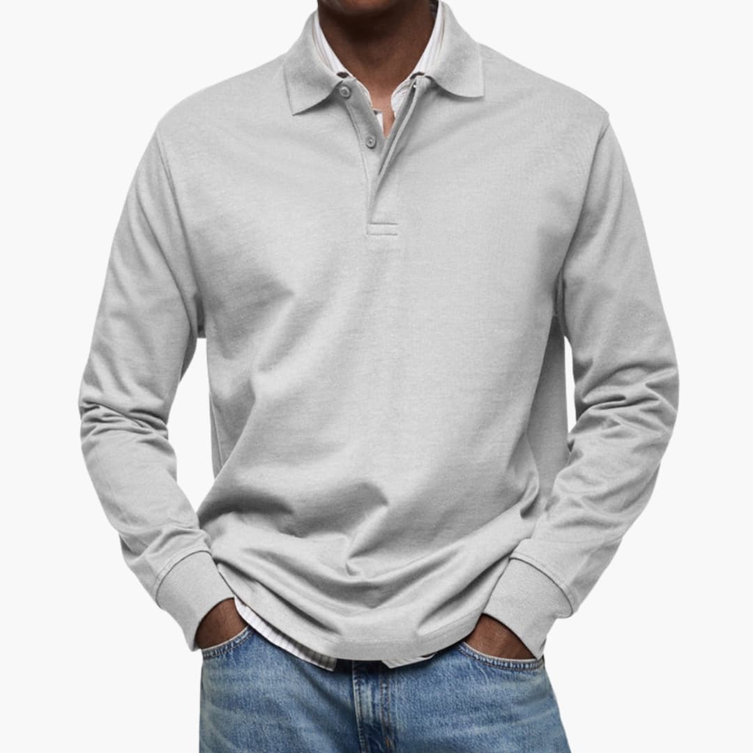 Men's long sleeve polo shirt with buttoned collar, ribbed cuffs, versatile everyday style