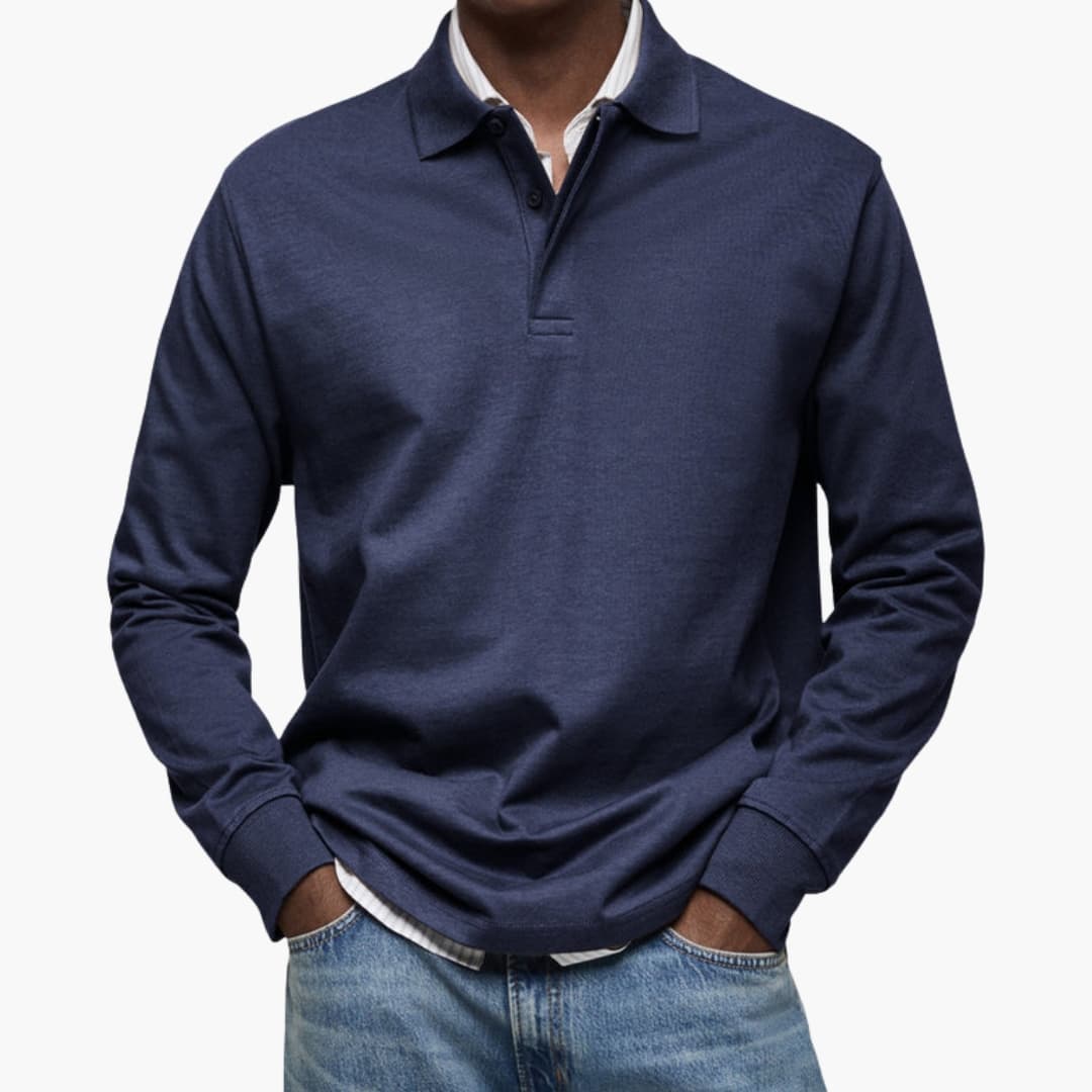 Men's long sleeve polo shirt with buttoned collar, ribbed cuffs, versatile everyday style