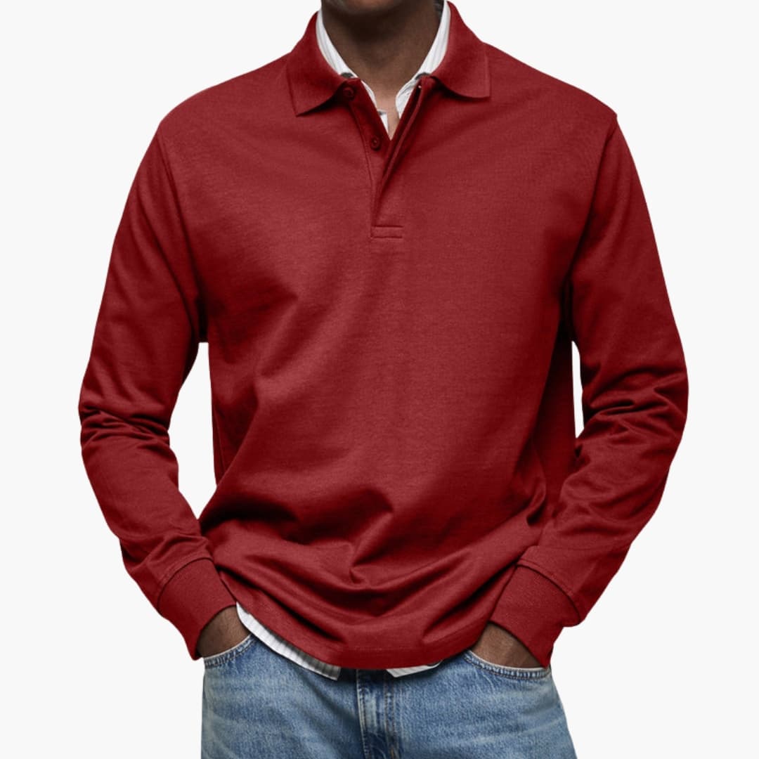 Men's long sleeve polo shirt with buttoned collar, ribbed cuffs, versatile everyday style