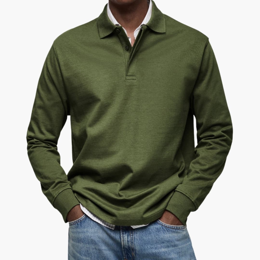 Men's long sleeve polo shirt with buttoned collar, ribbed cuffs, versatile smart-casual style