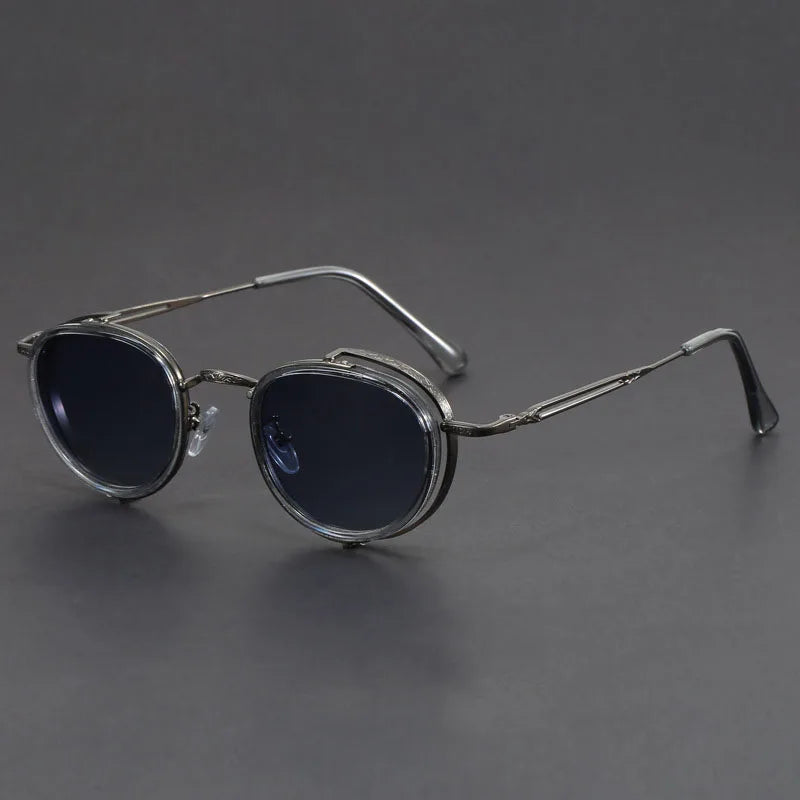 Round matte black metal frame sunglasses with UV400 lenses, minimalist industrial style unisex eyewear