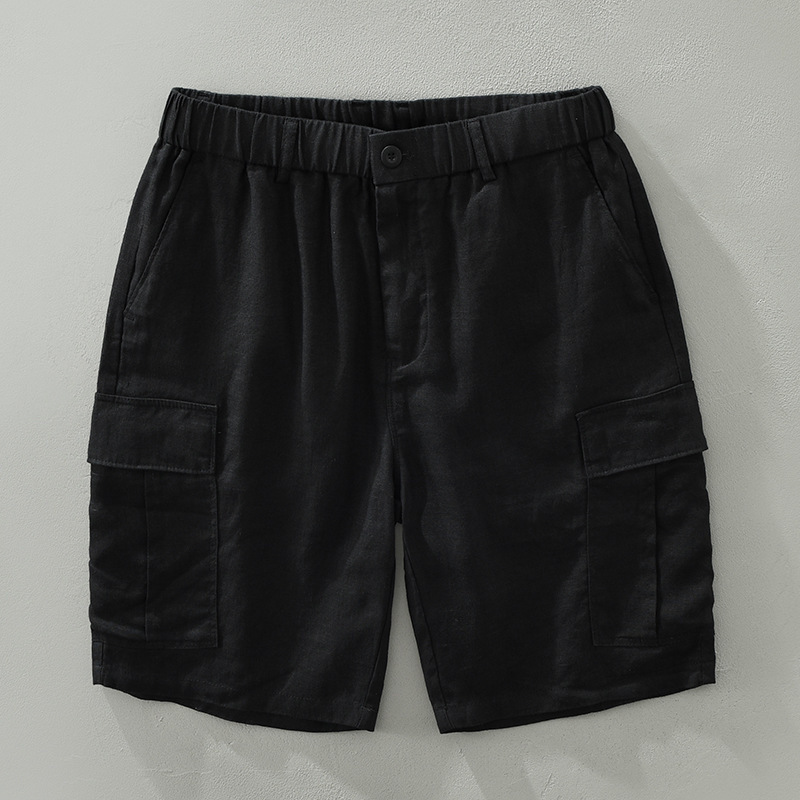 Men's beige linen cargo shorts relaxed coastal fit elastic waistband spacious side pockets