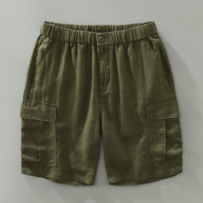 Men's beige linen cargo shorts relaxed coastal fit elastic waistband spacious side pockets