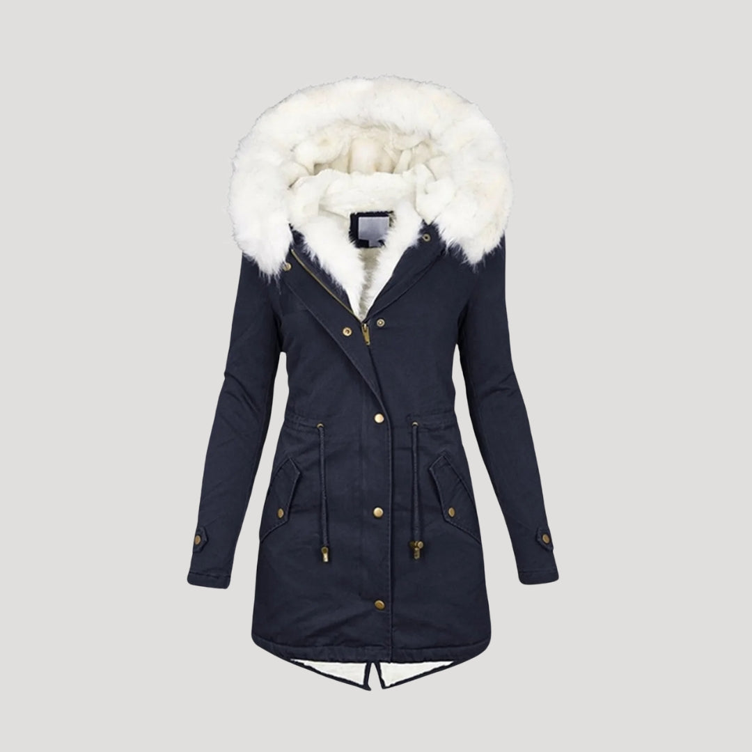 Women's winter parka faux fur hood belted waist practical pockets warm structured silhouette