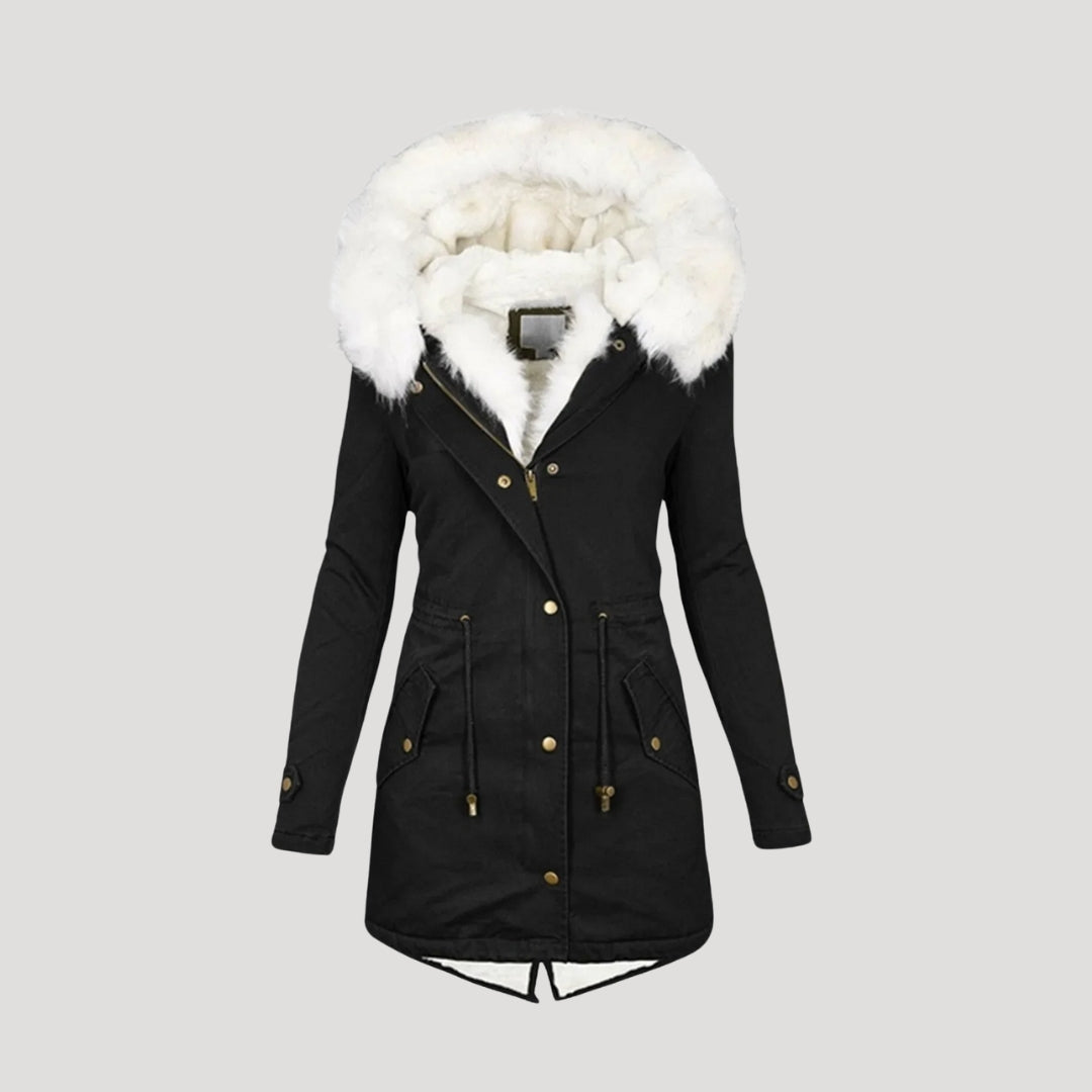 Women's belted winter parka with faux fur hood, regular fit, functional pockets, refined silhouette