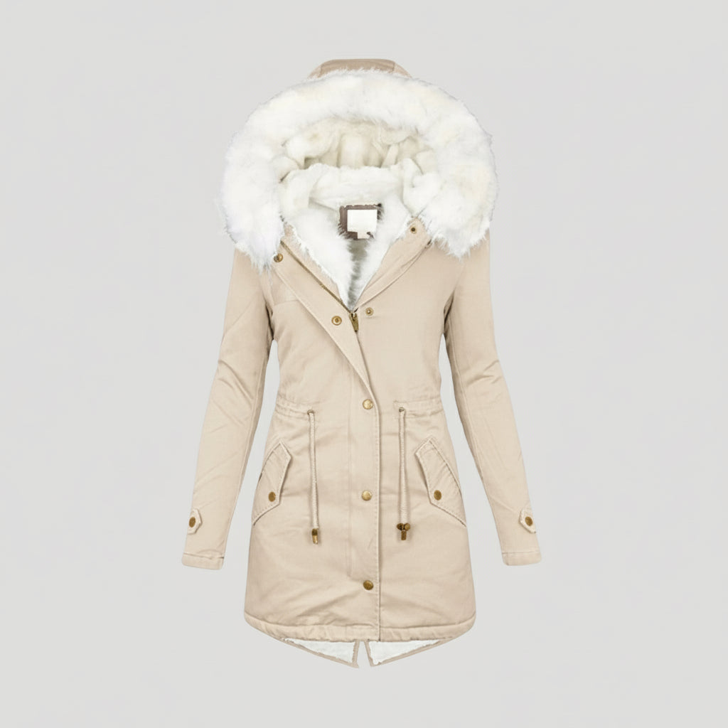 Women's belted winter parka with faux fur hood, functional pockets, regular fit cold-weather coat