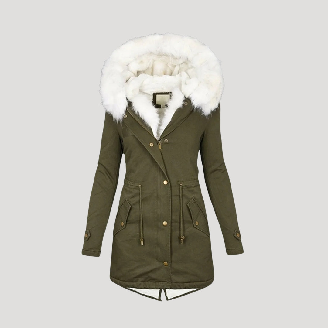Women's belted winter parka with faux fur hood, regular fit, functional pockets, polished cold-weather style