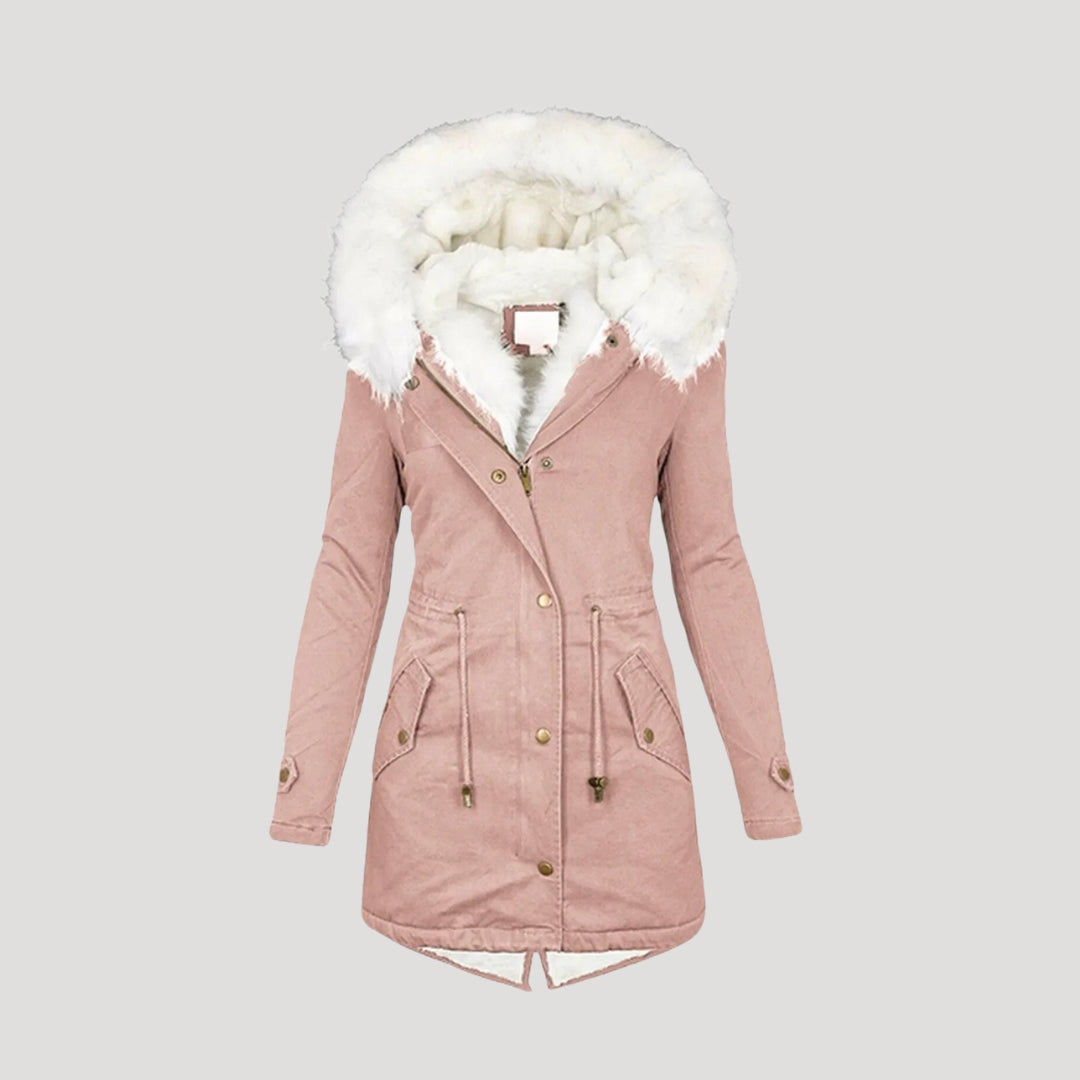 Women's belted winter parka with faux fur hood, structured silhouette, and functional pockets