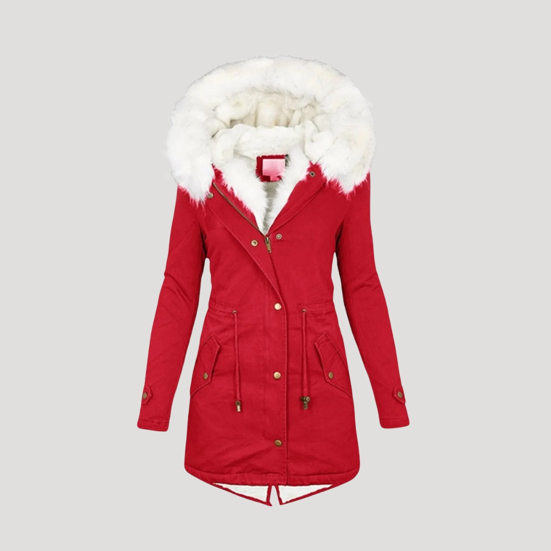 Women's belted winter parka with faux fur hood, regular fit, functional pockets, refined silhouette