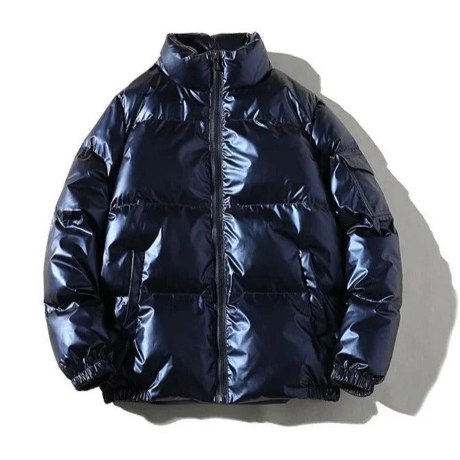 Men's classic shiny black puffer jacket with quilted construction and bold glossy streetwear finish