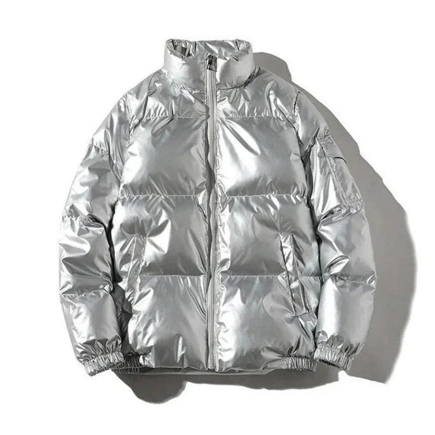 Men's black glossy quilted puffer jacket with bold shiny finish and modern urban streetwear silhouette