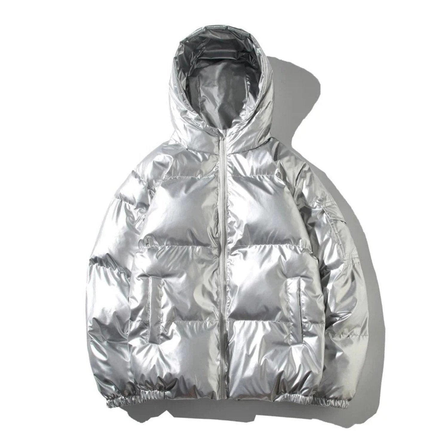 Men's black shiny quilted puffer jacket with glossy finish and classic urban streetwear silhouette