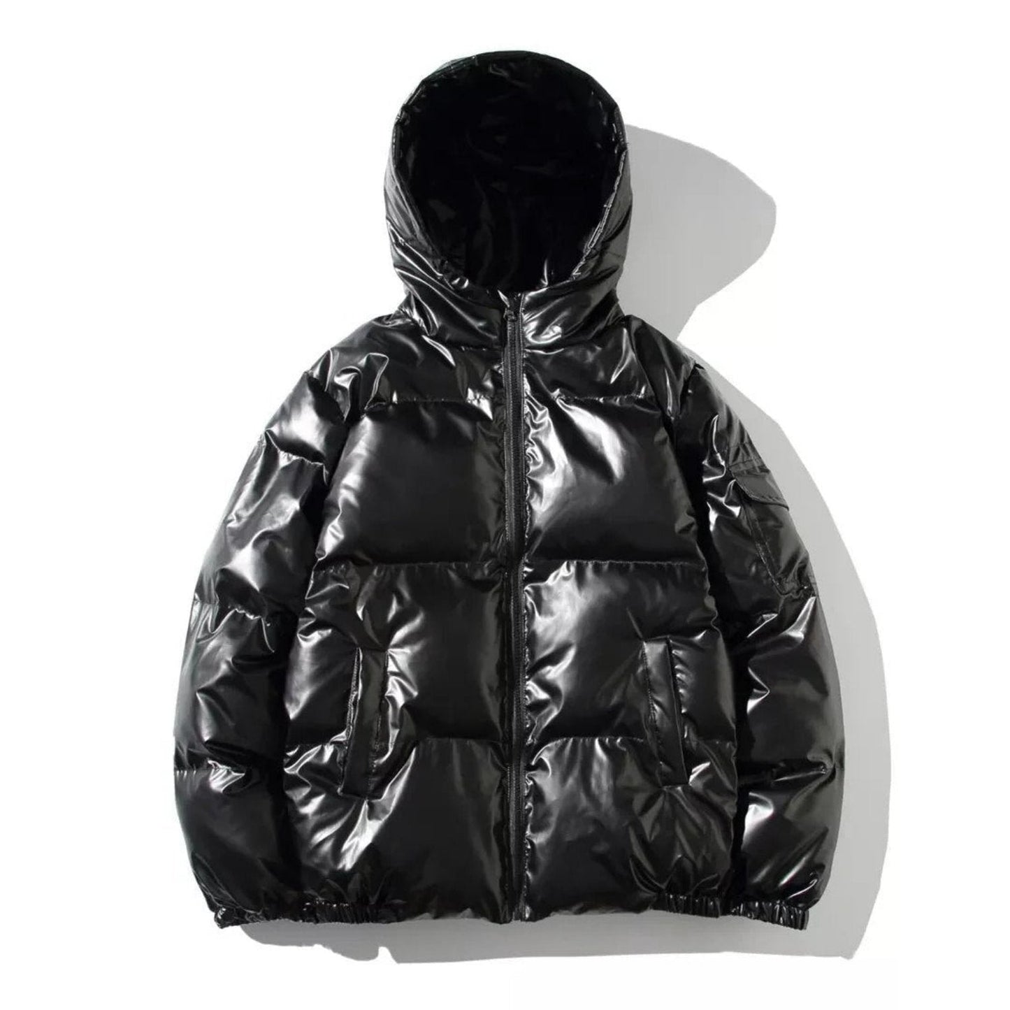 Men's classic shiny black puffer jacket with glossy quilted finish for urban city style