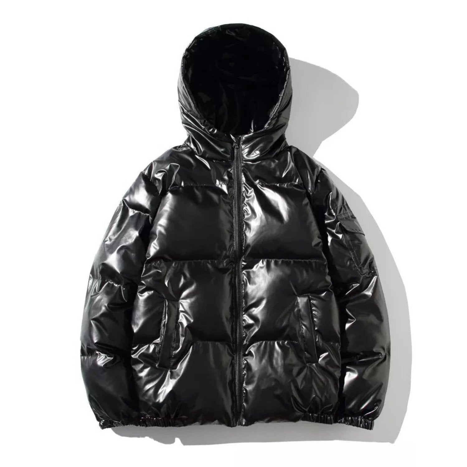 Men's classic shiny black puffer jacket with glossy quilted finish for urban city style