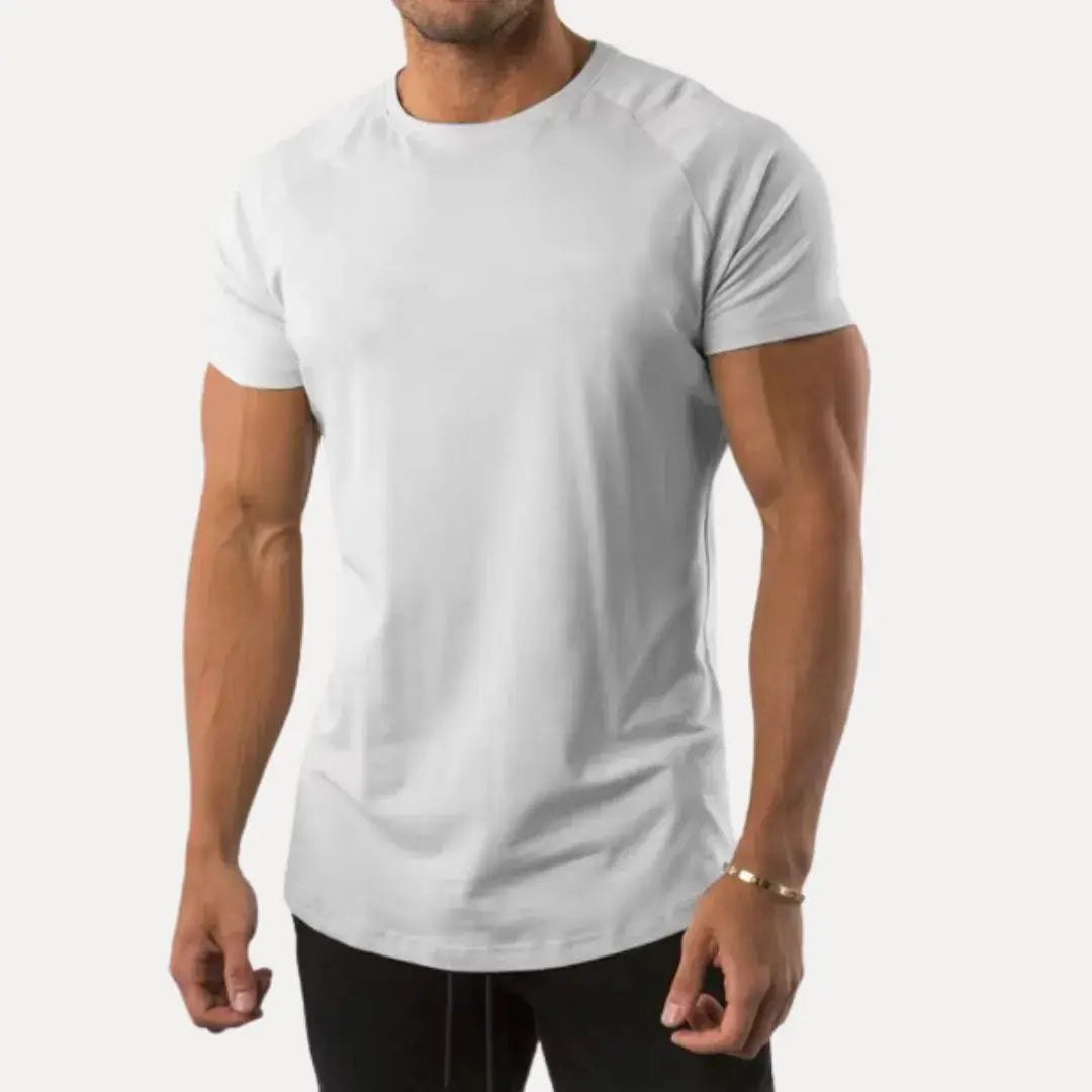 Men's white muscle fit gym t-shirt stretch cotton blend sculpted silhouette sweat-wicking performance tee