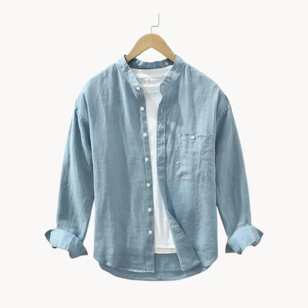 Men's white linen slim fit casual shirt with chest pocket, breathable summer essential