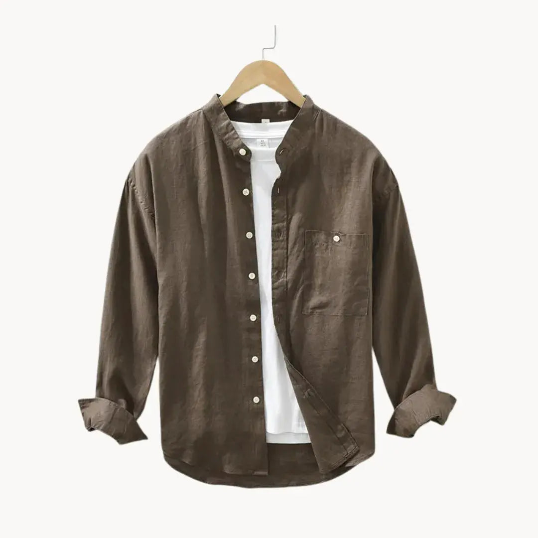 Men's white linen slim fit casual shirt with chest pocket, breathable summer essential