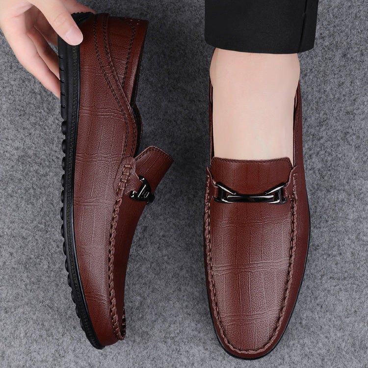 Men's brown genuine leather loafers slip-on style with polished metal bit detail and cushioned insole