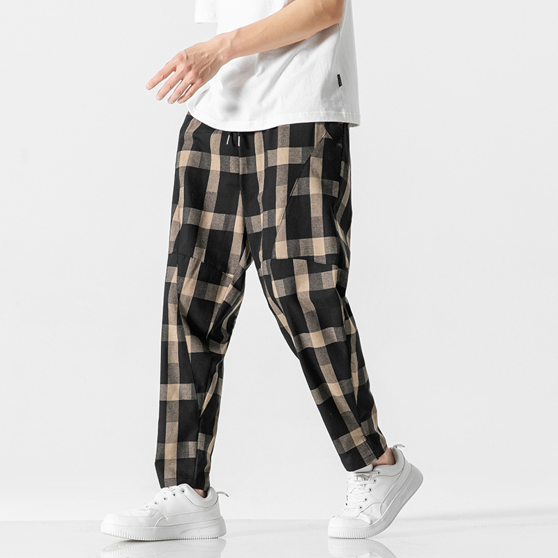 Men's red black plaid tapered pants lightweight breathable urban casual check trousers
