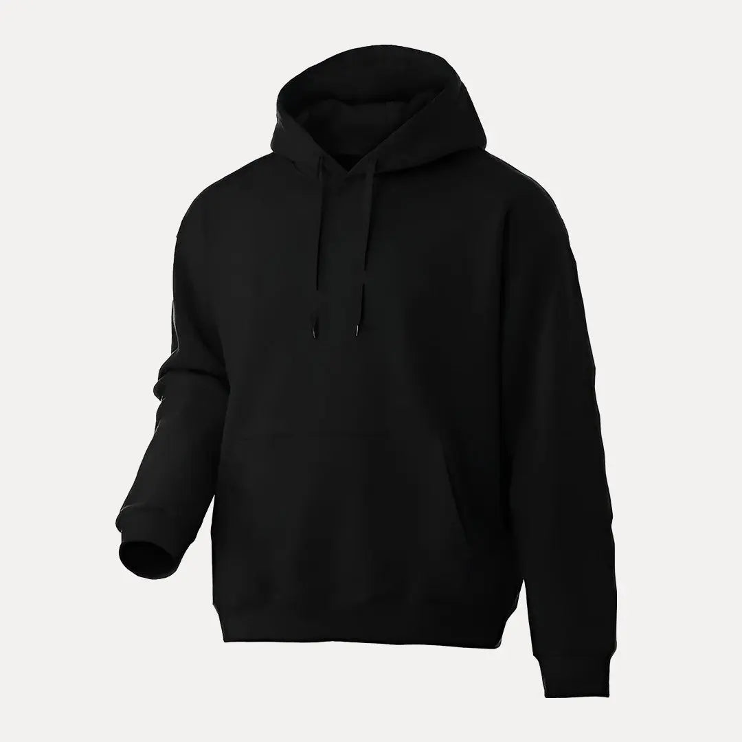 Unisex pullover hoodie in soft cozy fabric with adjustable drawstring hood and front kangaroo pocket