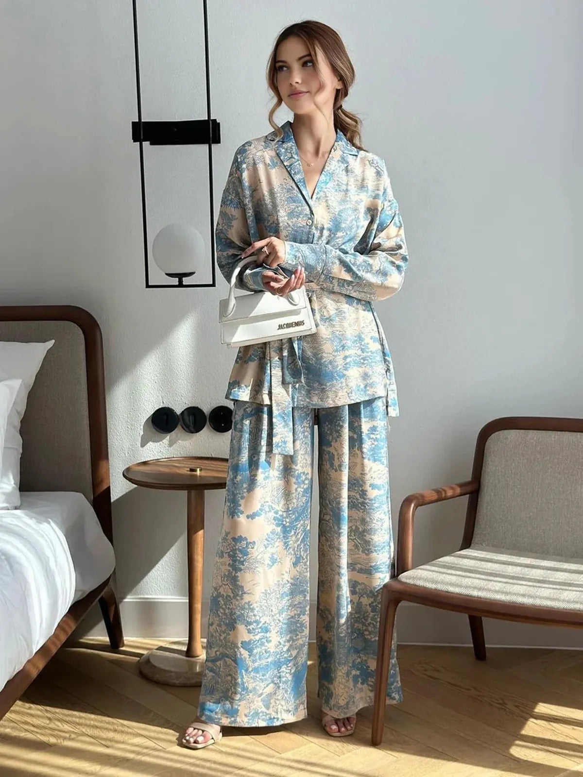Women's relaxed fit printed co-ord set with wide leg trousers and matching shirt for casual chic style