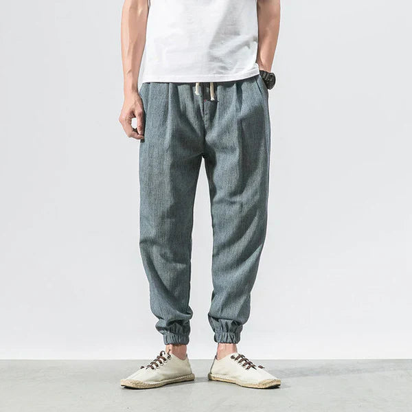Men's vintage linen pants lightweight breathable fit in neutral tone with relaxed elegant cut