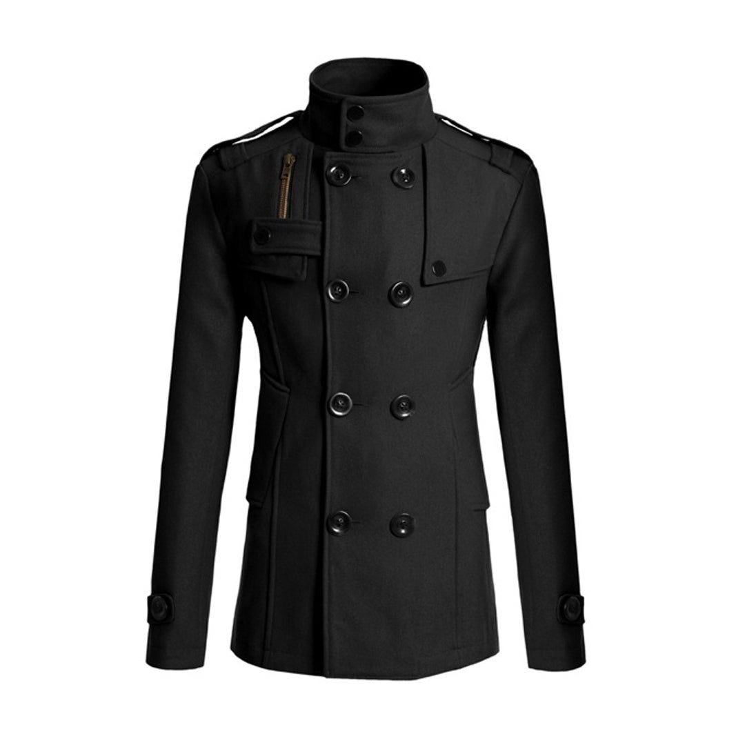 Men's charcoal wool-look coat tailored double-breasted high collar modern professional style