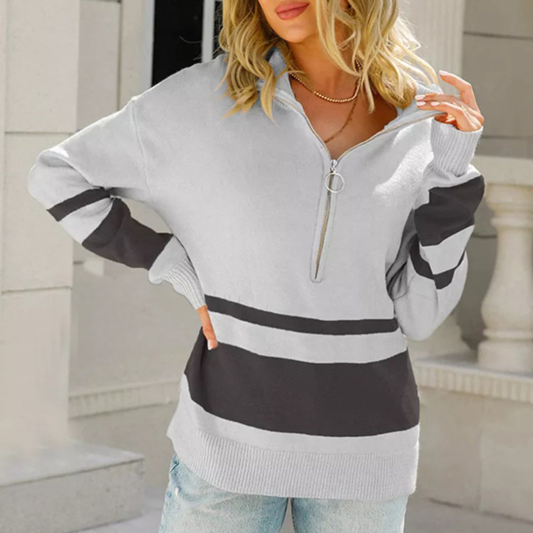 Women's striped quarter-zip pullover sweater cozy knit long sleeve casual top