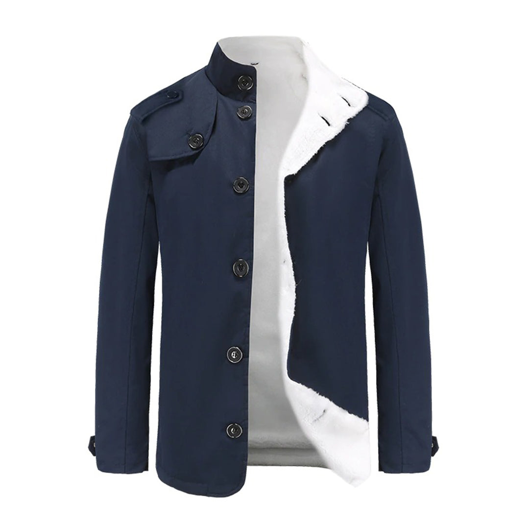 Men's tailored military jacket with high collar, fleece lining, and streamlined silhouette