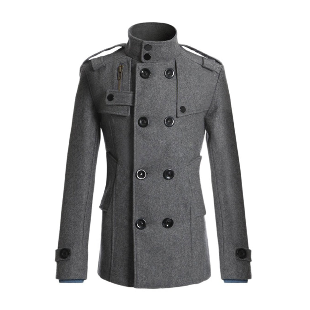 Men's wool-look double-breasted tailored coat with high collar in modern professional style