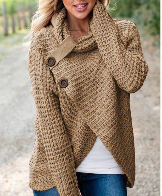 Women's cozy wrap-front cardigan in warm neutral tones with wide cowl neck and flattering silhouette