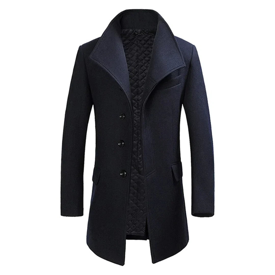 Men's tailored wool-blend overcoat with notch lapels and quilted lining for premium warmth