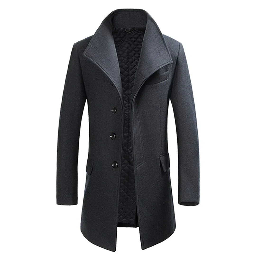 Men's tailored wool-blend overcoat with notch lapels and quilted lining for premium warmth