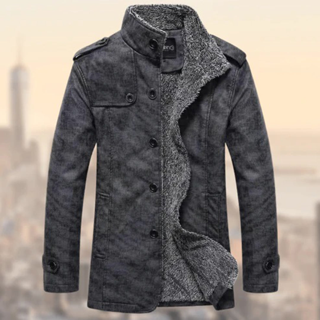 Men's tailored suede-look jacket with shearling lining and structured epaulettes, urban winter style